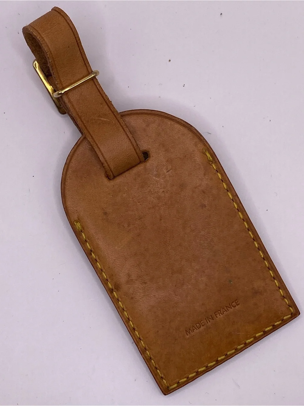 Louis Vuitton Brown Leather Luggage Tag with Yellow Stitching